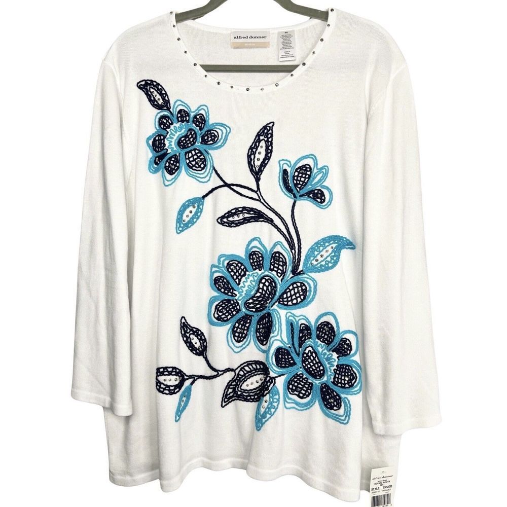 Alfred Dunner NWT White Turquoise Flower Long Sleeve Sweater Womens Plus Size 2X